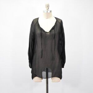 Sofia made in Italy Sheer Black Silk Chiffon V-Neck Peasant Top